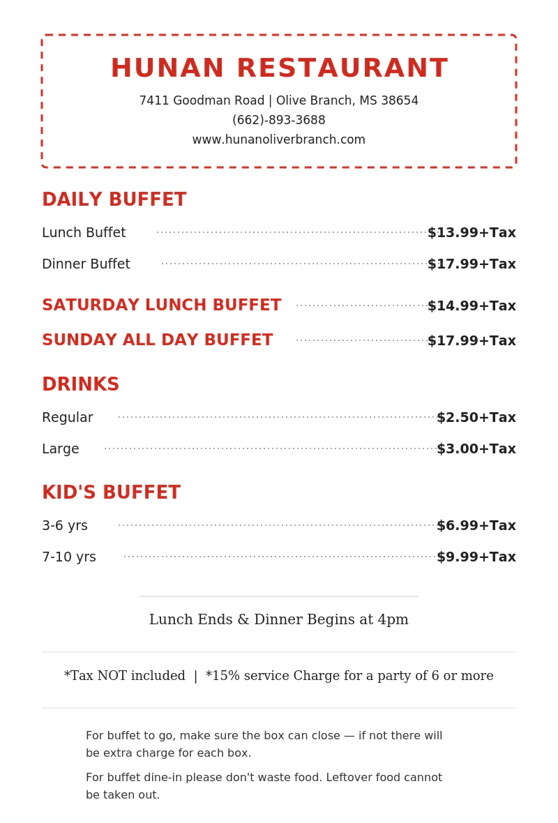 Hunan Restaurant Buffet Menu with Daily Buffet, Drinks, and Kids Buffet Prices
